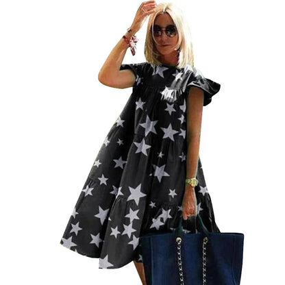 Summer Fashion Boho Print Dress Lady Casual O-Neck Pullover Ruffles Short Sleeve Loose Dresses For Women Holiday Beach Dress New