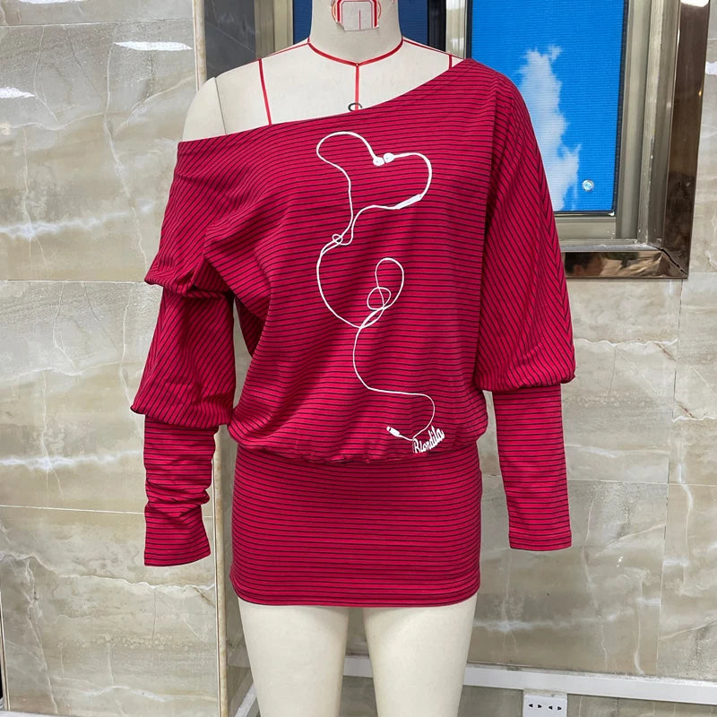 イーガール サイバーグランジ ストライプ Tシャツドレス 原宿 オフショルダー 長袖 ボディコン ドレス レディース プレッピー ヴィンテージ Y2K ショートドレス