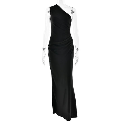JULISSA MO Patchwork Satin Sexy One Shoulder Women Maxi Dress Brown Sleeveless Evening Dress Summer Slim Elegant Party Clubwear