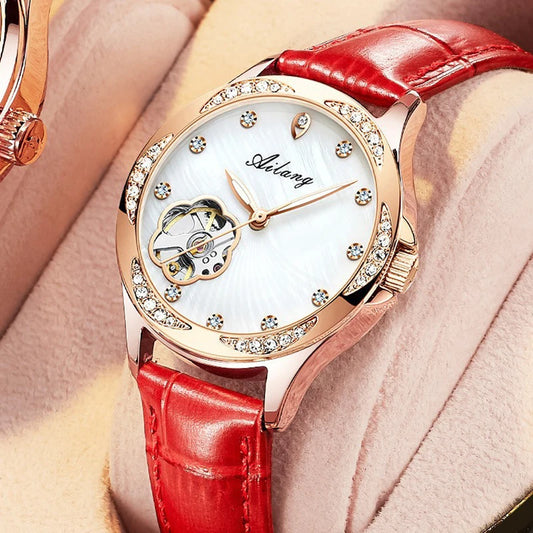 AILANG Brand Ladies Mechanical Watch Women Leather Strap Top Luxury Diamond Waterproof Automatic Watch Fashion Tourbillon Clock