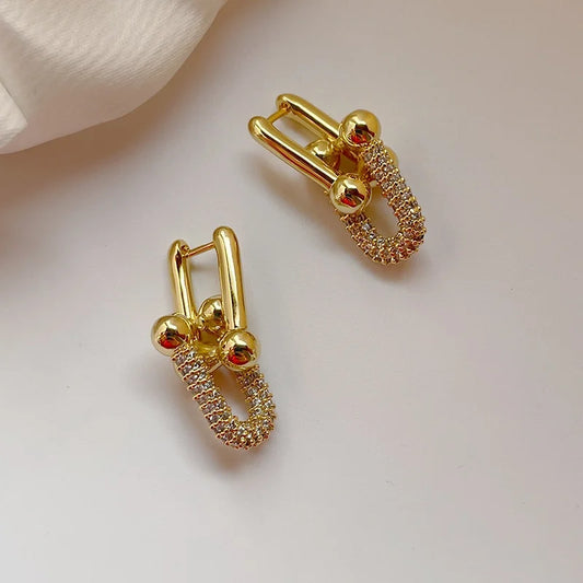 18K Gold Plated Double Section U-shape Horseshoe Oval Hoop Earrings for Women Vintage Ins Removable Earrings Party Jewelry