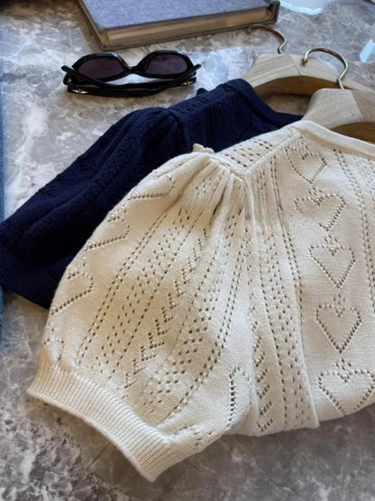 2025 Knitted Love Hollow Out Cardigans Women Summer Puff Sleeve Cropped Sweater Korean Single Breasted Fashion  Woman Clothes