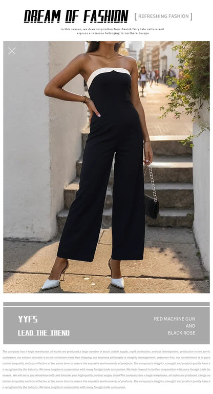 Women's Elegant Sleeveless Jumpsuits Summer High Waist Wide Leg Rompers Fashion Black White Splice Off Shoulder Party Playsuits