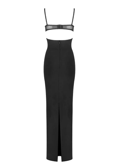Sexy Spaghetti Strap Mesh Patchwork Hollow Out Bandage Dress Women Black Sleeveless V Neck Bodycon Dresses Evening Party Gowns