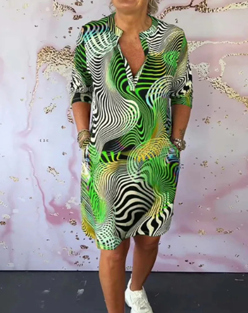Elegant Printed V-neck Mid-sleeve Dress For Women New Summer Fahsion Casual Loose Office Holiday Party Dresses Women Clothe