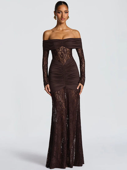 Mozision Off-shoulder Long Sleeve Sexy Maxi Dress Women Fashion Lace See Through Strapless Backless Bodycon Club Party Dresses