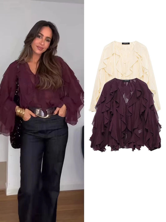 TFMLN Sexy Women Translucent Ruffles Blouses 2025 New Fashion V-neck Single Breasted Tierred Causal Tops Beach Style Solid Shirt