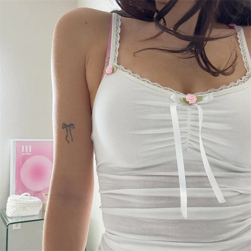 Xingqing y2k Lace Trim Crop Top Women Fairycore Clothing Spaghetti Strap Sleeveless Camisole Bowith w Flower Coquette Clothes