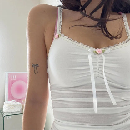 Xingqing y2k Lace Trim Crop Top Women Fairycore Clothing Spaghetti Strap Sleeveless Camisole Bowith w Flower Coquette Clothes