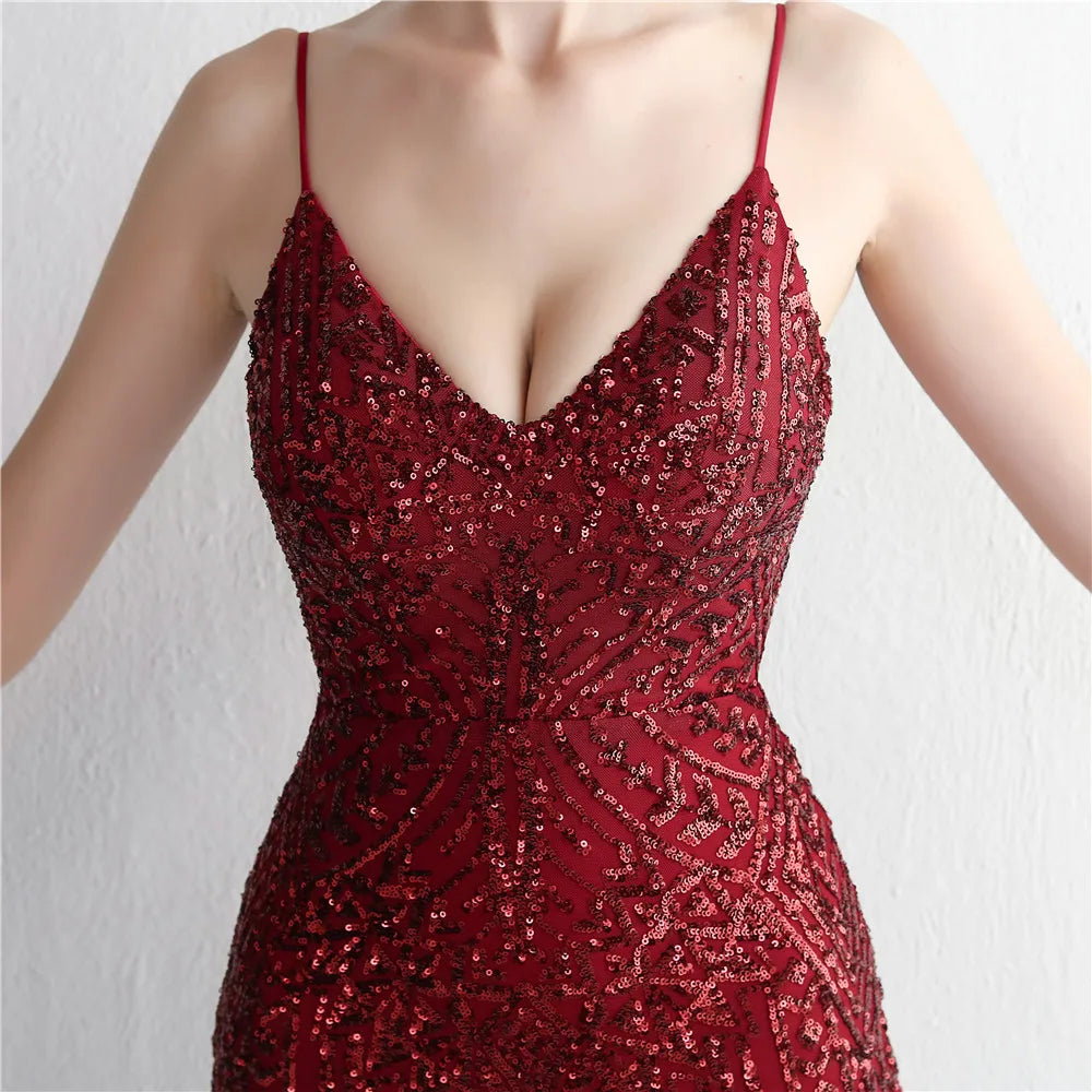 Women's Black Long Sleeve Padded Strap Sequin Dress Length, Sparkles Stretch, V Neck Mermaid, Formal Evening Dress, Night Party