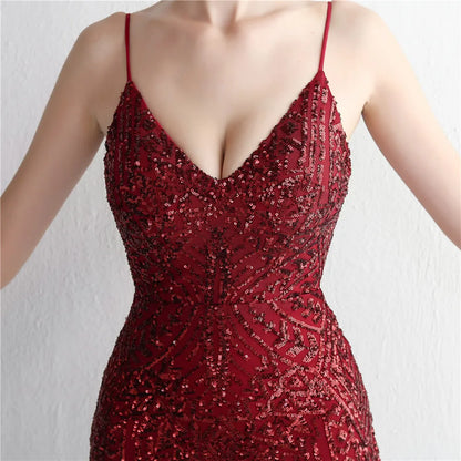 Women's Black Long Sleeve Padded Strap Sequin Dress Length, Sparkles Stretch, V Neck Mermaid, Formal Evening Dress, Night Party
