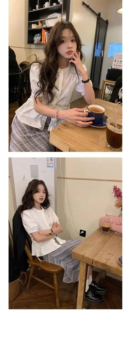 Women French Gentle Style Fungus Edges O-neck Puff Short-sleeved Shirts Summer Lace-up Bow Waist Slimming Single Breasted Blouse
