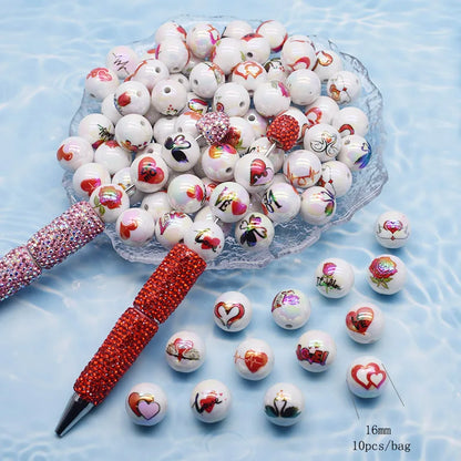 10pcs/bag Acrylic Beads Fashion Hand Drawn Cartoon Painting Loose Beaded DIY Handmade DIY Bracelets Mobile phone chain Bead Pen