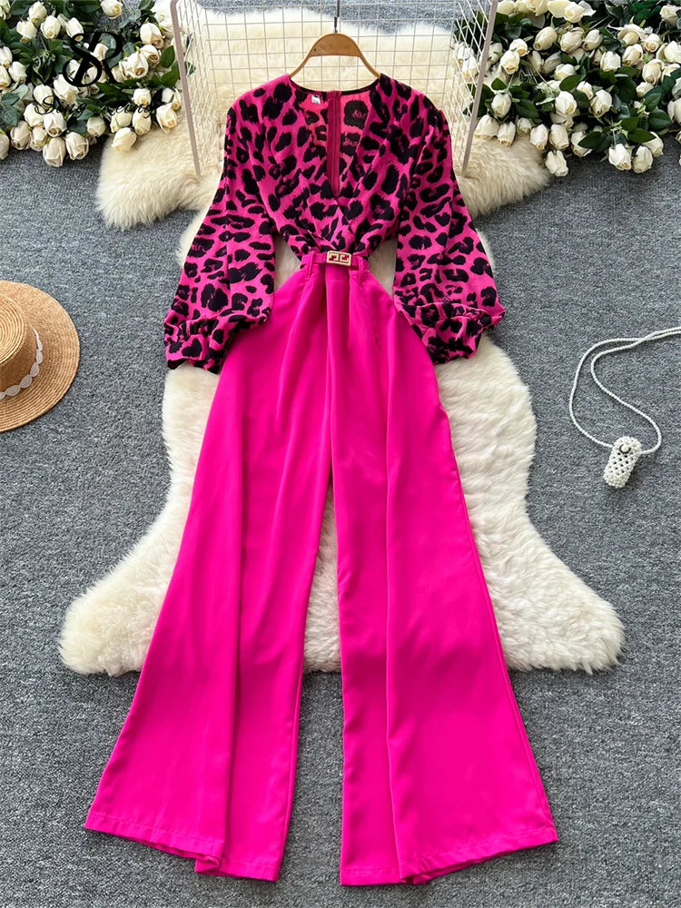 SINGREINY Autumn Leopard Long Jumpsuits V Neck Long Sleeves Belt Wide Legs Pants Women American Retro Senior Office Lady Rompers