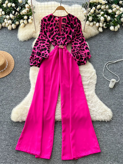 SINGREINY Autumn Leopard Long Jumpsuits V Neck Long Sleeves Belt Wide Legs Pants Women American Retro Senior Office Lady Rompers