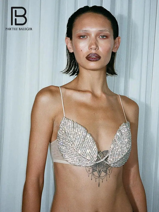 PB Glamorous Crystal-Embellished Leaf-Shaped Spaghetti Strap Bra Top - Ideal for Nightclub Outfits & Bold Fashion Statements