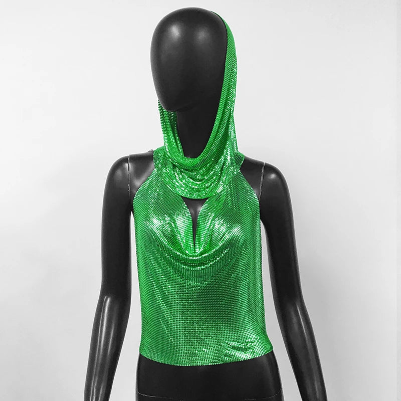 Women Metal Sequins Tank Top With Turban 2 Piece  Sexy V Neck Backless   Suspender Top Rave Festival Party Nightclub Camisole