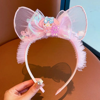 Kawaii Sanrio Kuromi Children Headband Hello Kitty Melody Cinnamoroll Cartoon Bow Shiny Hairband Hair Accessories Christmas Gift