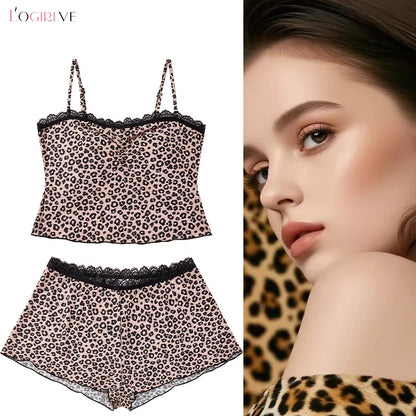 Logirlve Sexy Lace Patchwork Camisoles Backless Retro Leopard Print Halter Top Women's Summer New Sleeveless Outerwear Set