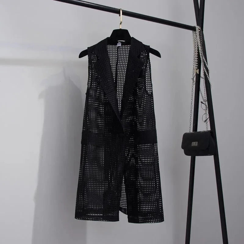 2025 Summer New V-NECKCollar Black White Suit Blazer Vest Jacket Women Style Commuter Sleeveless OL Cardigan Tank Coat