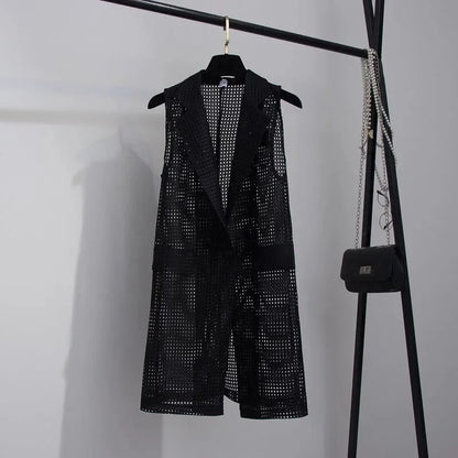 2025 Summer New V-NECKCollar Black White Suit Blazer Vest Jacket Women Style Commuter Sleeveless OL Cardigan Tank Coat