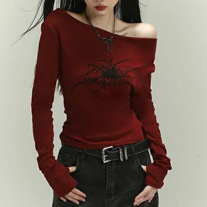 Gothic Spider Print Red T-shirts Y2k Sexy Off Shoulder Long Sleeve Crop Tops Streetwear Casual Solid Shirts Autumn Women Clothes