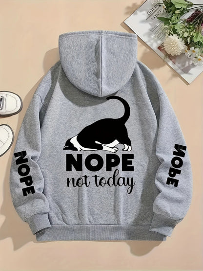 カジュアルレディースパーカー「Nope Not Today」キュートな猫プリントプルオーバー、ゆったりポケット付き暖かいフリーススウェットシャツ、秋冬レディース服