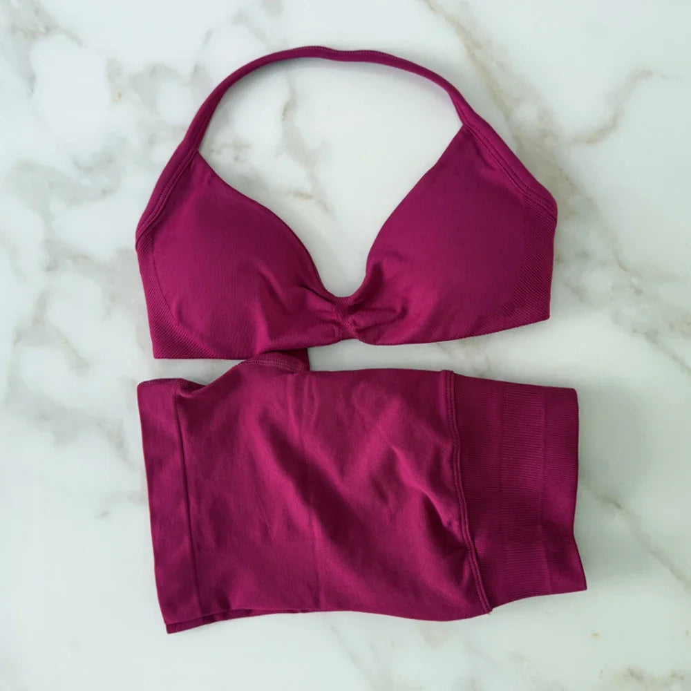 Gym Set Women Two Piece Strappy Yoga Bra Top Workout Scrunch Shorts Suit Fitness Clothes Seamless Sportswear Workout Set