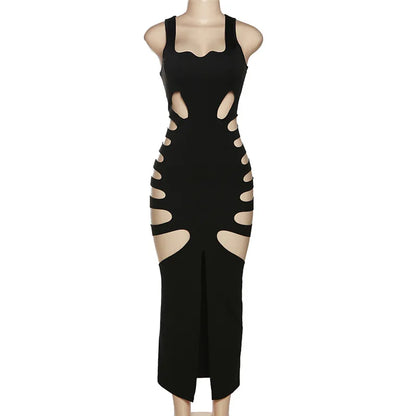 AltGoth Harajuku Gothic Dark Dress Women Streetwear Cyber Punk Y2k E-girl Grunge Sexy Hollow Out High Waist Bodycon Dress Female