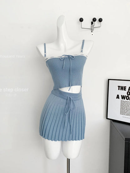 Woman Y2k Matching 3 Piece Set New Products Sweet Solid Knitted Cropped Patchwork Vest Slim Cardigan Mini Pleated Skirt Autumn