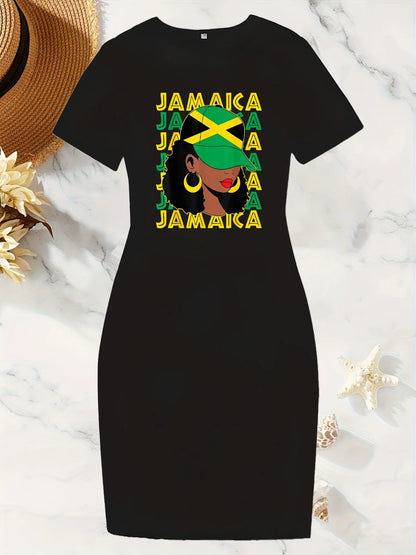 Plus Size Women's Elegant Short Sleeve Dress Jamaica Graphic Print Stretchy Bodycon Fit Black with Accents Summer Casual Outfit