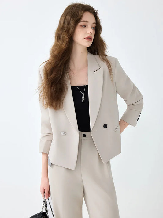 Solid Suits for Women 2025 Spring Fashion Office Ladies Long Sleeve Double Breasted Short Tops Chic Cargo Pant Suits