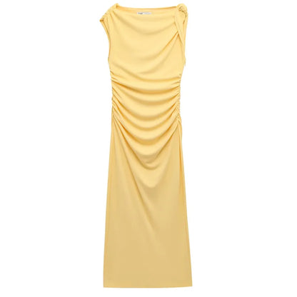 TRAF Asymmetrical Long Dresses 2025 Woman Sleeveless Yellow Midi Dress Ruched Bodycon Party Dresses Women Slit Elegant Dress 088