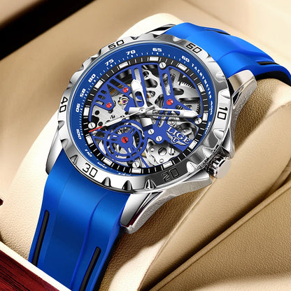 LIGE Fashion Business Mechanical Man Watch Casual Sport Waterproof Silicone Skeleton Tourbillon Luminous Clock Automatic Watches