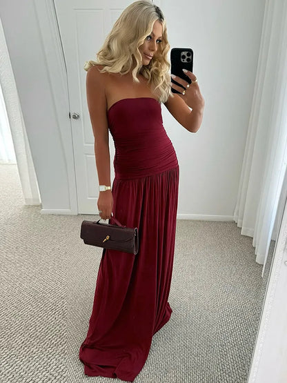 Mozision Off-shoulder Strapless Pleated Sexy Maxi Dress Women Fashion Backless Sleeveless High Waist Ruched Long Dress Elegant