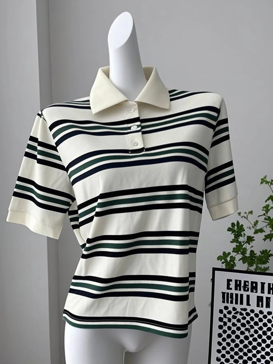 Hirsionsan Polo Neck T Shirt Women Soft Chic Tees 95% Cotton Jumper Clothes Loose Casual Pullover 2025 Summer New Crop Tops