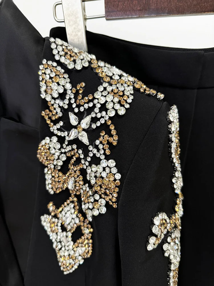 HIGH STREET Newest 2024 Designer Suit Women Beaded Diamonds Stand Collar Single Button Blazer Wide-leg Pants Set 2PCS