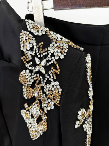 HIGH STREET Newest 2024 Designer Suit Women Beaded Diamonds Stand Collar Single Button Blazer Wide-leg Pants Set 2PCS