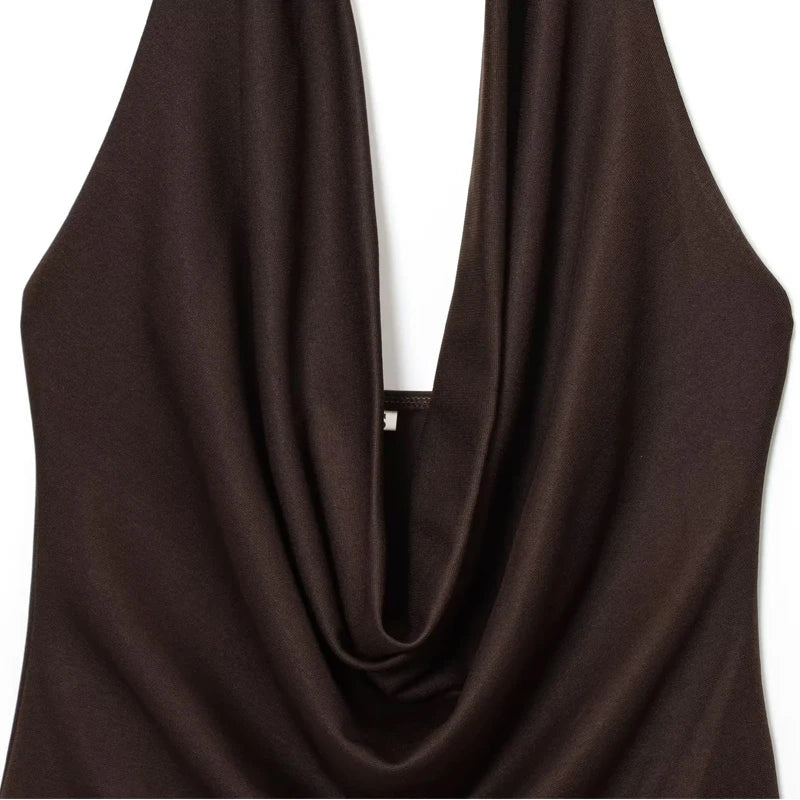 HXAO Halter Neck Bodysuits Sexy Summer Off Shoulder Bodysuit Women Brown Top Ruched Ring Backless Thong Bodysuit Woman One Piece