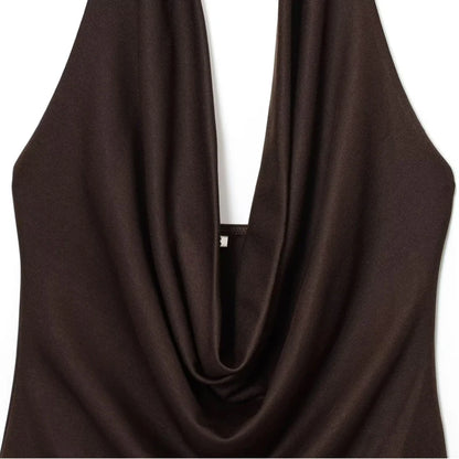 HXAO Halter Neck Bodysuits Sexy Summer Off Shoulder Bodysuit Women Brown Top Ruched Ring Backless Thong Bodysuit Woman One Piece