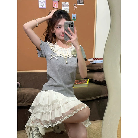 ホワイトレース切り替えAラインスカート フロータ スイート アンチエイジング ガール スレ ケーキスカート スリミング ハイウエスト ポリエステル繊維