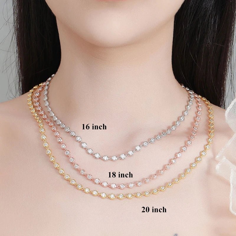 EWYA Round Bubble Full 3mm 0.1CT D Color Moissanite Tennis Chain for Women 925 Silver GRA Certified 16 18 20 inch Bezel Necklace