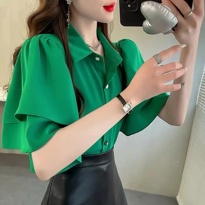French Lady's Summer Loose Shirt Women's New Loose Blouse Solid Color Ruffle Short Sleeve Chiffon Top