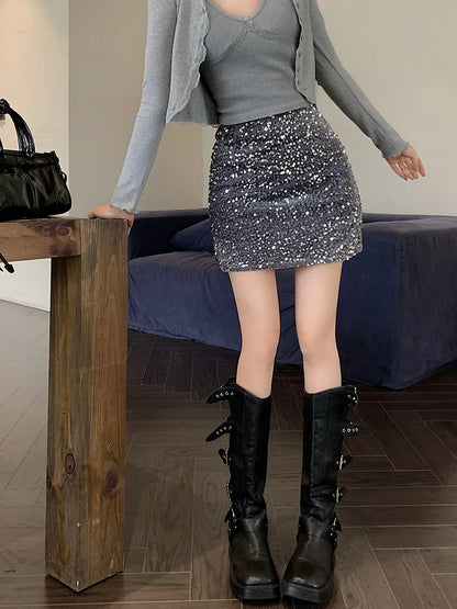 High Waist Sequined Casual A Line Skirts Women 2025 Elegant Korean Fashion Y2k Clothes Sweet Kawaii Black Micro Skirt Harajuku