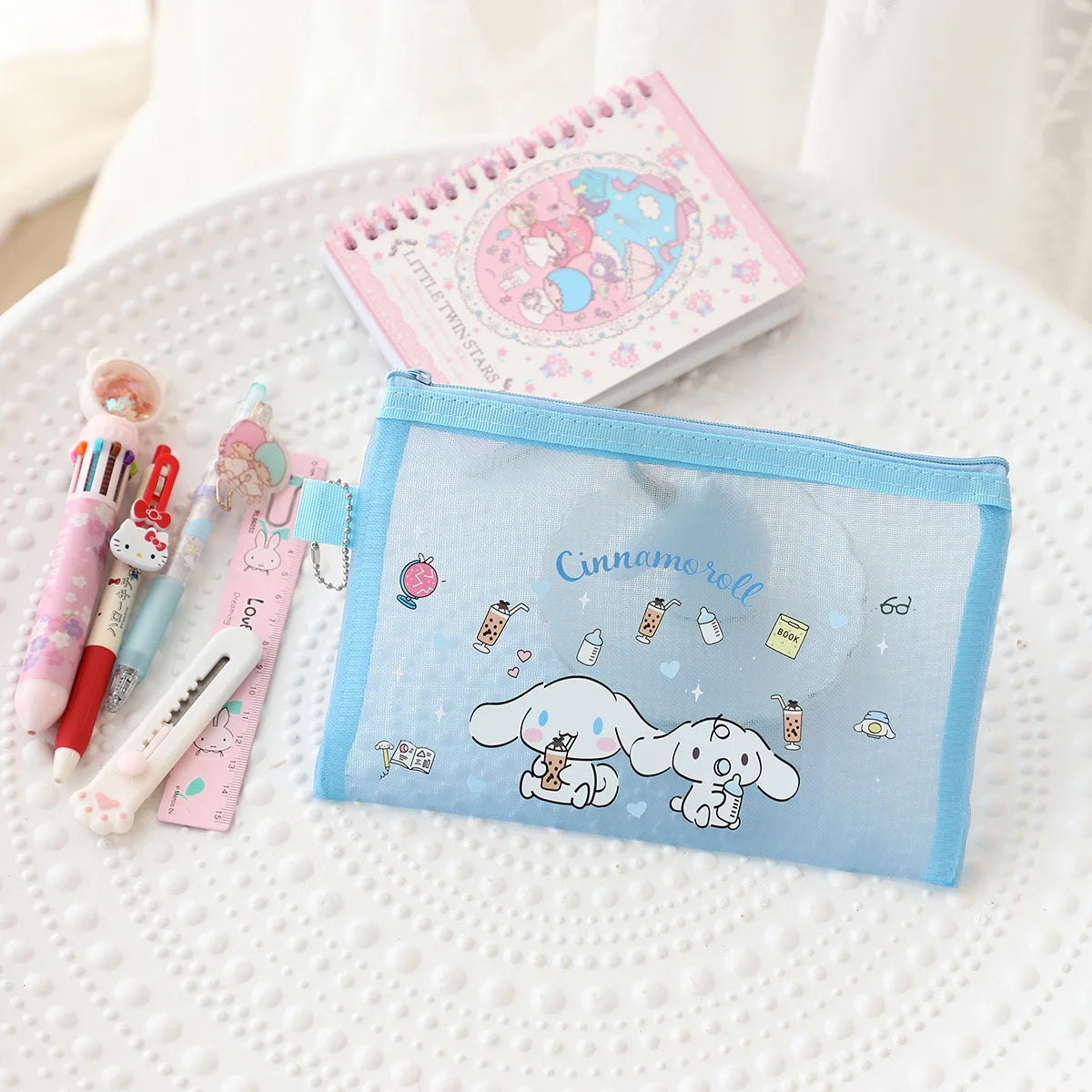 Kawaii Hello Kitty Stationery Bag Cute Cartoon Mesh Storage Bag Transparent Desktop Decoration Student Supplies Gift Wholesale
