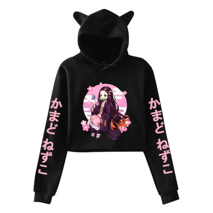New Anime Kamado Nezuko Printing Cat Ear Hoodies Women Girls Fashion Streetwear Hoodies Sweatshirts Crop Top Pullover
