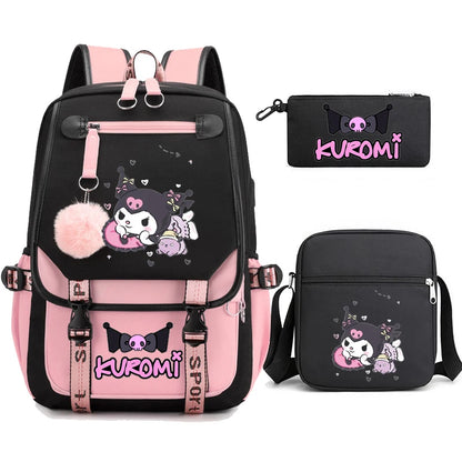 Kuromi Student Backpack 3pcs Cartoon Rucksack Girls School Bag High Capacity Women Backpack Female Cute Leisure Travel Mochilas