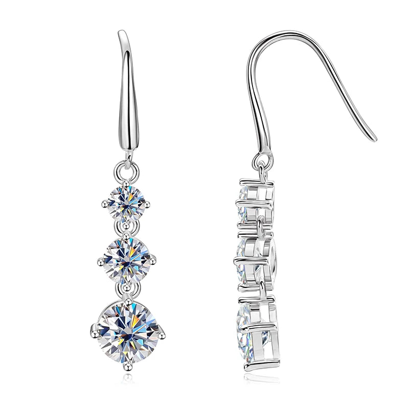 Lnkry 925 Sterling Silver Drop Earring Certified GRA 6.5mm&5mm&4mm Three Stone Moissanite Dangle Earrings For Women Jewelry Gift
