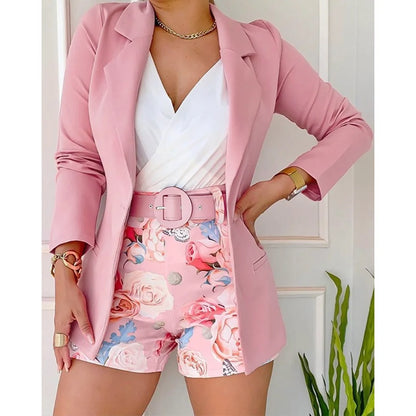 Summer Women 2 Pieces Outfit Long Sleeve Blazer and Floral Print Casual Shorts Set With Belt