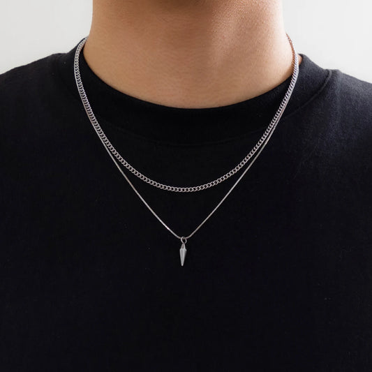 KunJoe 2個セット ステンレススチール メタルリベットペンダント 細身 スネークチェーンネックレス メンズ パンク シルバーカラー キューバンリンクチェーンチョーカー